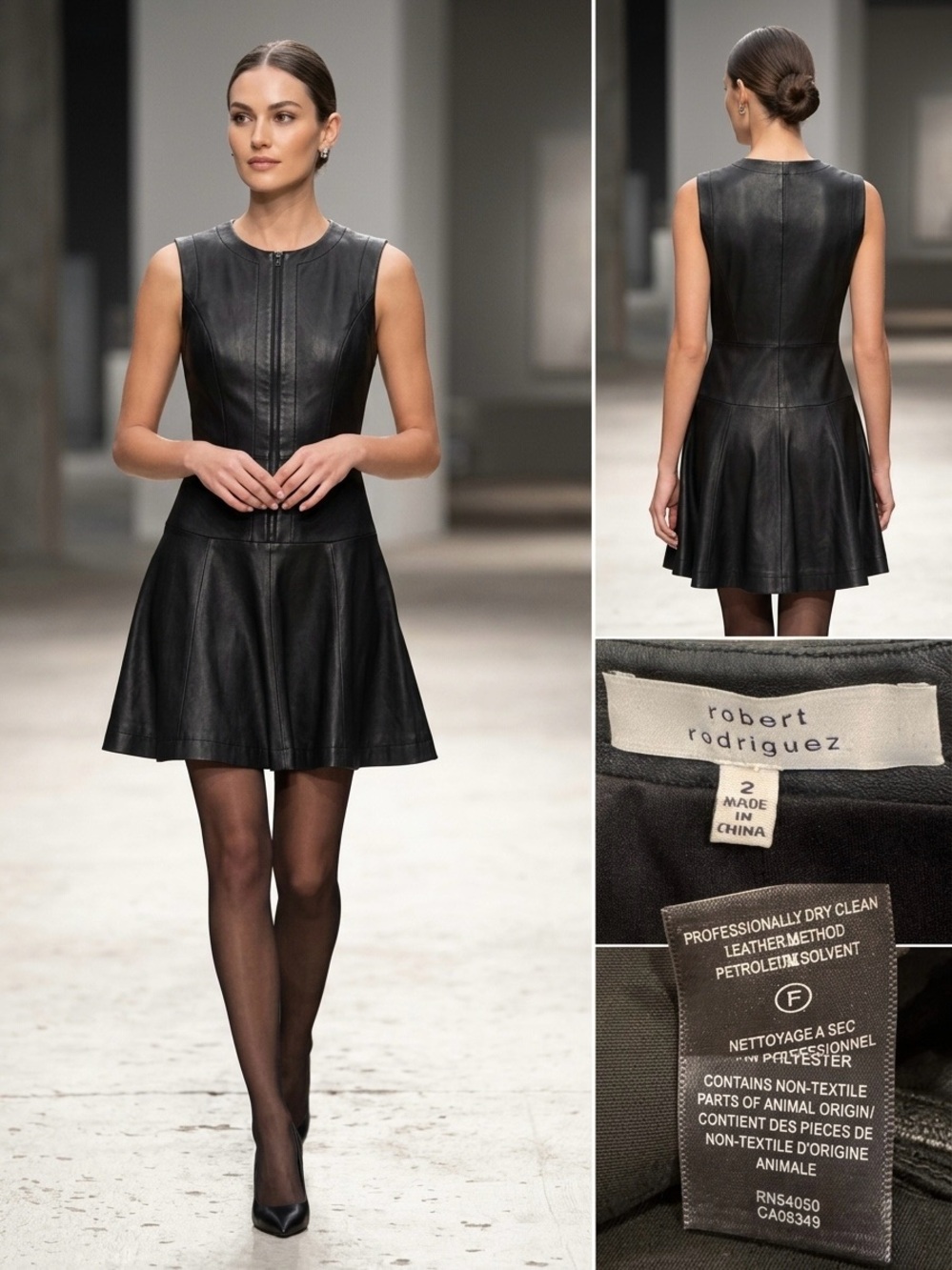 Robert Rodriguez 100% Leather Front Zip Fit & Flare Mini Dress Black Sz 2